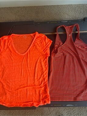 Athleta Neon Orange Tee & Lululemon Striped Racerback Tank Set